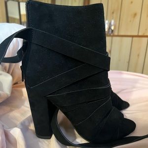 ALDO black suede strappy peep toe bootie heels